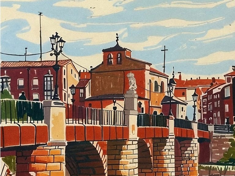Puente sobre un río con edificios históricos y un cielo azul despejado.