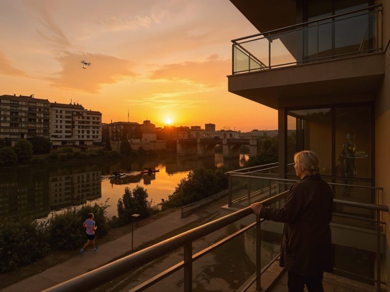 Atardecer sobre un río, una persona observa desde un balcón mientras alguien corre.