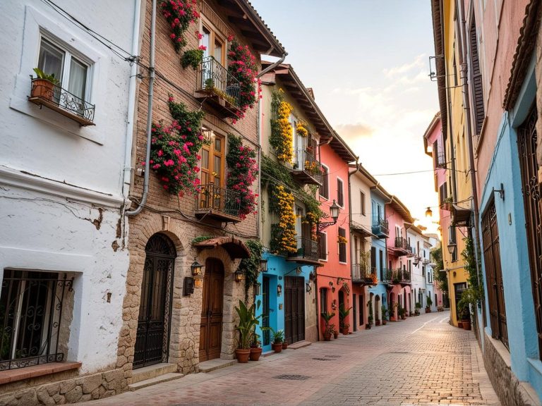 Calle colorida con casas adornadas de flores y un cielo al atardecer.