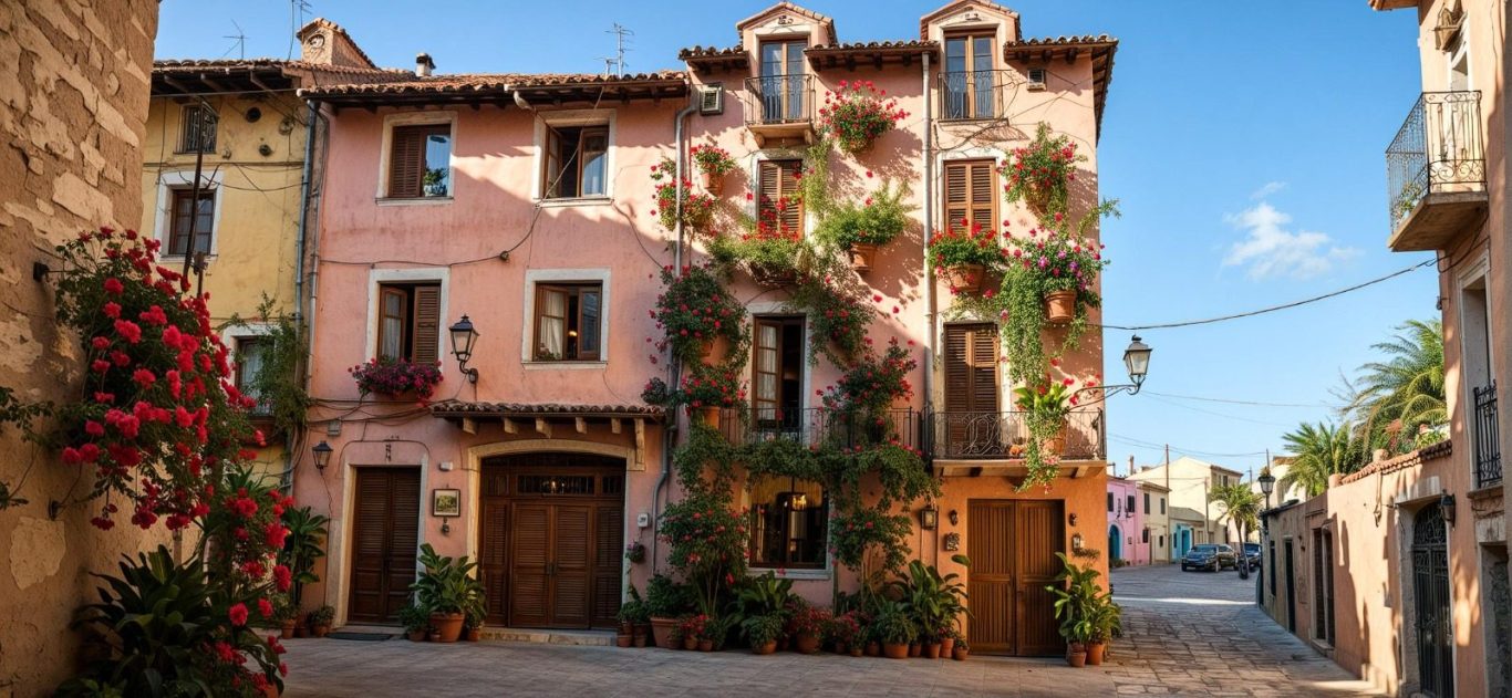 Edificio colorido con balcones llenos de flores en una calle tranquila.
