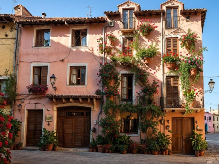 Edificio de estilo rústico con paredes rosadas decoradas con flores y plantas.