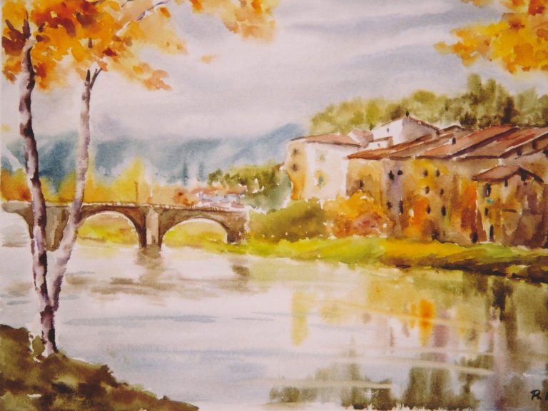 Paisaje acuarelado de un puente sobre un río, rodeado de casas y árboles de otoño.