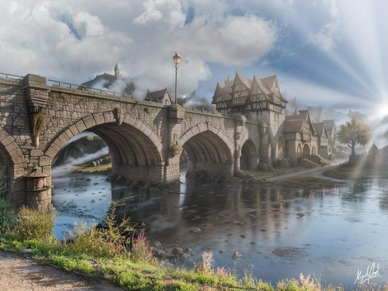 Puente de piedra sobre un río, con casas antiguas y luz suave del sol.